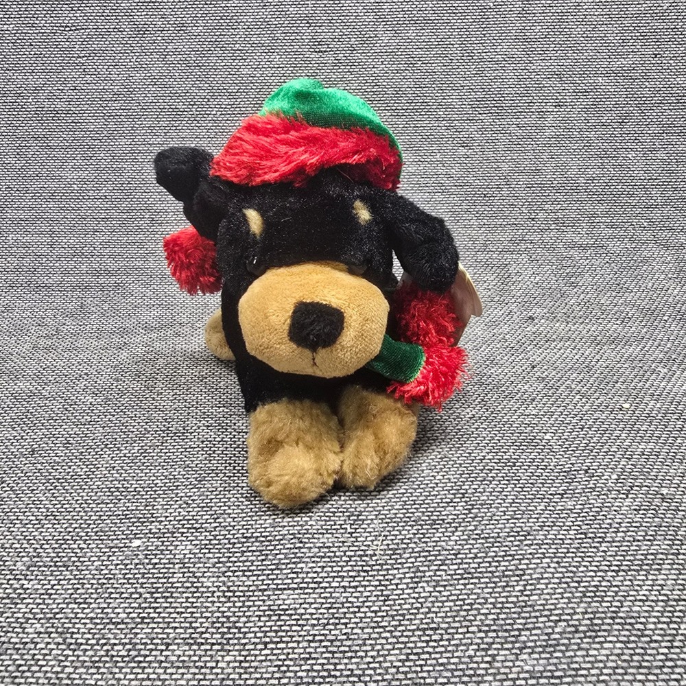 Walmart Plush Christmas Dog Holiday Rottweiler Small Black Tan New NWT Hat Scarf